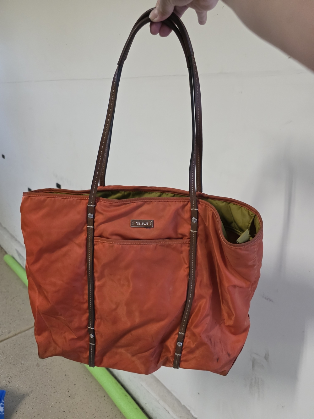 Tumi Orange Nylon Tote with Brown Leather Handles